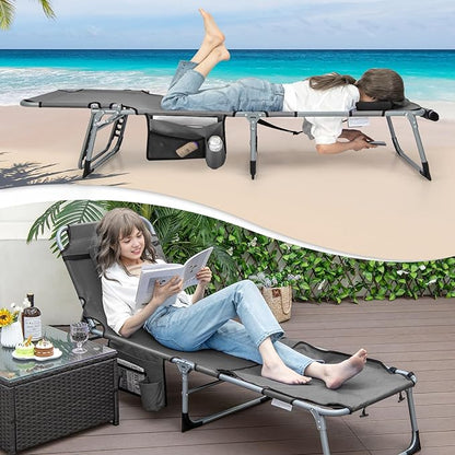 Giantex Set of 2 Tanning Chair, 5-Position Adjustable Beach Chair with Face & Arm Hole, Hand/Shoulder Strap, Removable Pillow, Side Pocket, Load 330 Lbs, Sunbathing Chairs, Lounge Chairs Outdoor, Grey