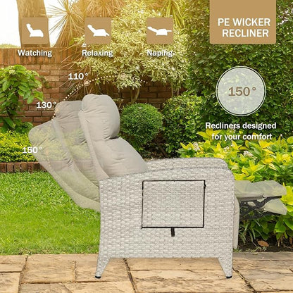 Upgraded Outdoor Recliner Chair, Reclining Patio Chairs with Adjustable Back up to 150°Lay Flat and Extended Footrest, Wicker Recliner Chairs with Flip Table and Removable Olefin Cushion