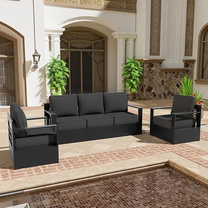 Outdoor Aluminum Furniture Set, 3-Piece Patio Conversation Set, 2 Chairs and 1 Sofa, All-Weather Metal Frame, 6" Thick Removable Cushions, Deep Setting for Garden, Poolside and Porch