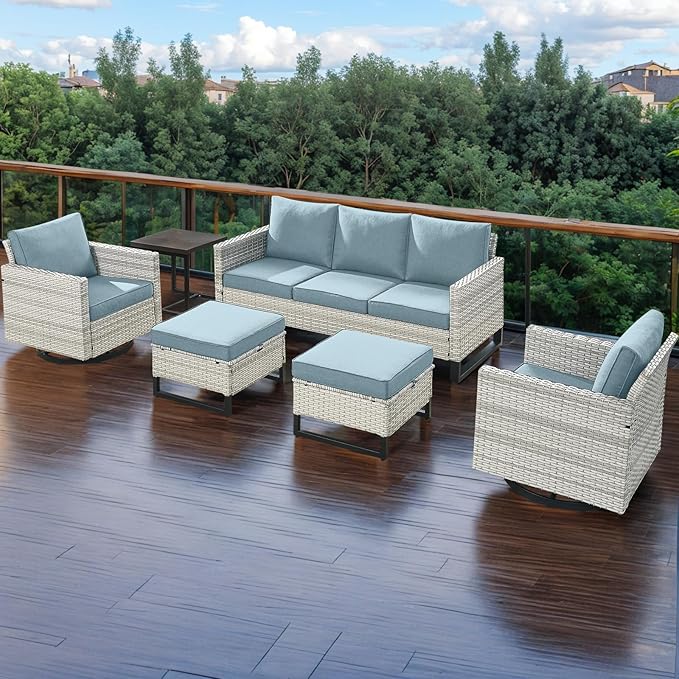 Rilyson Wicker Outdoor Couch Patio Sofa - 3 Seater Rattan Outdoor Patio Couch with Waterproof Wicker,Comfortable Cushions and Sturdy Metal Frame for Outside Porch Deck Backyard(Light Grey/Sky Blue)