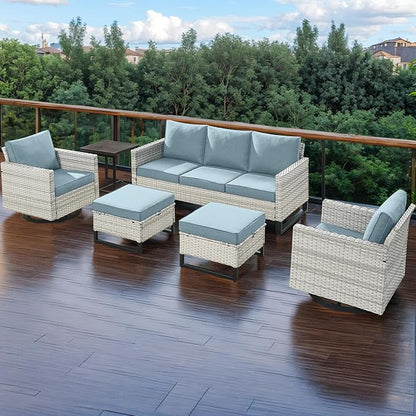 Rilyson Wicker Outdoor Couch Patio Sofa - 3 Seater Rattan Outdoor Patio Couch with Waterproof Wicker,Comfortable Cushions and Sturdy Metal Frame for Outside Porch Deck Backyard(Light Grey/Sky Blue)