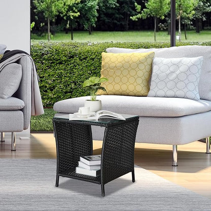Outvita Outdoor Side Table, Rattan Coffee Table Small End Table with Glass Top Storage for Patio Porch Backyard Balcony