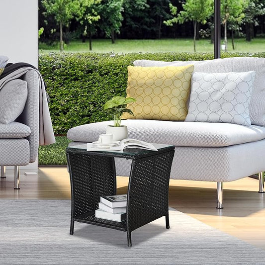 Outvita Outdoor Side Table, Rattan Coffee Table Small End Table with Glass Top Storage for Patio Porch Backyard Balcony