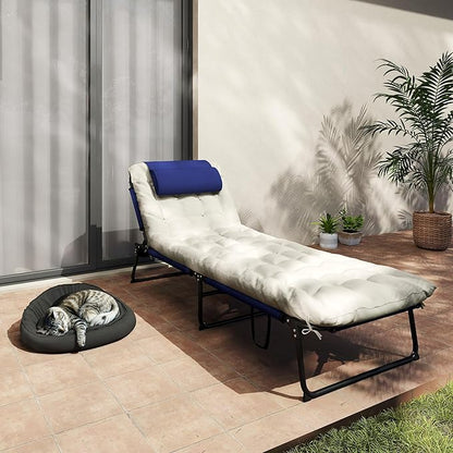 Outsunny Folding Chaise Lounge with 4-Level Reclining Back, Outdoor Tanning Chair with Cushion, Outdoor Lounge Chair with Breathable Mesh Fabric, Side Pocket, Headrest, Navy Blue