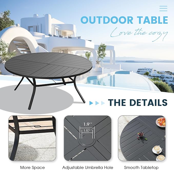 Patio Dining Table for 8-10, Round Metal Outdoor Table with Storage Shelf, 1.57" Umbrella Hole, 60" Outdoor Quartered Tabletop Dining Table for Backyard, Porch, Lawn, Black