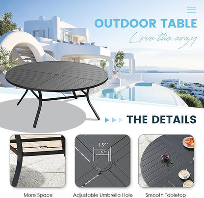 Patio Dining Table for 8-10, Round Metal Outdoor Table with Storage Shelf, 1.57" Umbrella Hole, 60" Outdoor Quartered Tabletop Dining Table for Backyard, Porch, Lawn, Black
