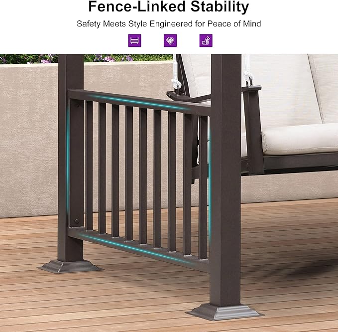 PURPLE LEAF 3-Seat Porch Swing Outdoor Metal Pergola Swing Bed Hanging Cloud Swing Chair with Stand for Backyard Garden - Photo 5