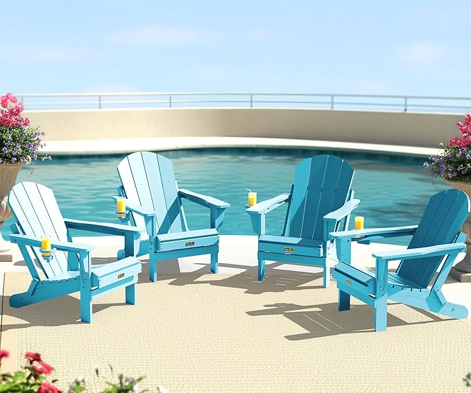 SERWALL Foldable Adirondack Chair Set of 4, Weather Resistant HIPS Patio Chairs with Cup Holder for Patio Garden Outdoors- Aruba Blue