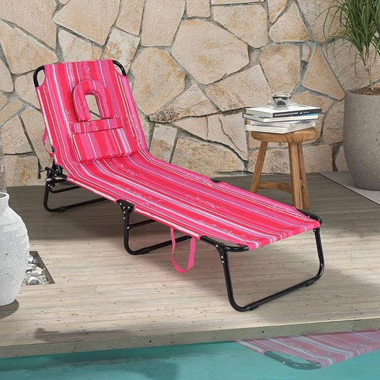 Goplus Tanning Chair, Folding Beach Lounge Chair with Face Hole, Removable Pillow, Carry Strap, Position Adjustable, Sunbathing Chair, Portable Outside Lounge Chair for Patio Pool