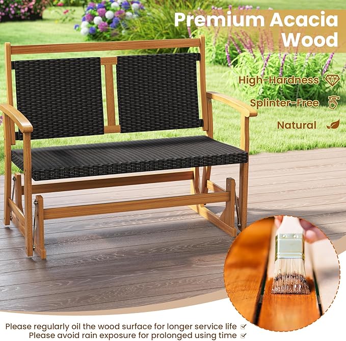 RELAX4LIFE Wooden Outdoor Glider Bench - 2-Person Wicker Rattan Swing Gliding Rocker Chair w/Acacia Wood Armrests, Wicker Back & Seat, Rocking Patio Loveseat for Porch Backyard Pool Garden (45.5'')