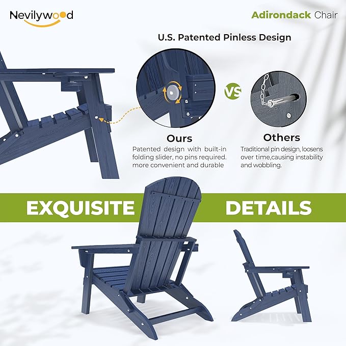 nevilywood HDPE Folding Adirondack Chair Set of 2,Waterproof All-Weather Outdoor Design with Cup Holder,Suitable for Fire Pit, Patio & Beach, Navyblue