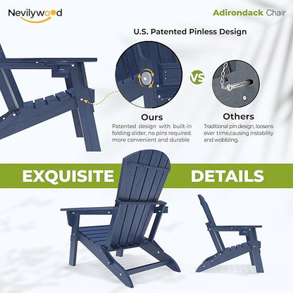 nevilywood HDPE Folding Adirondack Chair Set of 2,Waterproof All-Weather Outdoor Design with Cup Holder,Suitable for Fire Pit, Patio & Beach, Navyblue