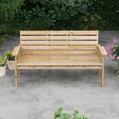 HAPPYGRILL Outdoor Fir Wood Bench with Foldable Middle Table, 2-3 Person Patio Garden Bench with Armrests and Backrests, Wooden Loveseat Chair with 710lbs Capacity (Natural)