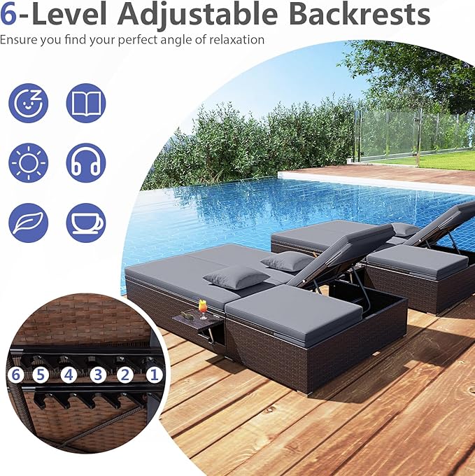 RELAX4LIFE Rattan Outdoor Patio Daybed - Wicker Double Chaise Lounge Chair w/6-Position Backrest, Folding Side Trays - Photo 4