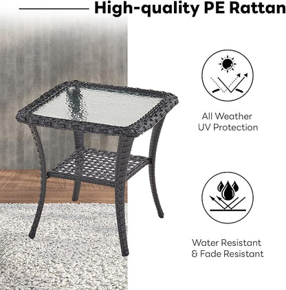Belord Handwoven Wicker Side Table - 20 Inch Small Outdoor Table 2 Tier Storage with Tempered Glass Top, All Weather Outdoor Patio End Tables for Deck Balcony Outside Black