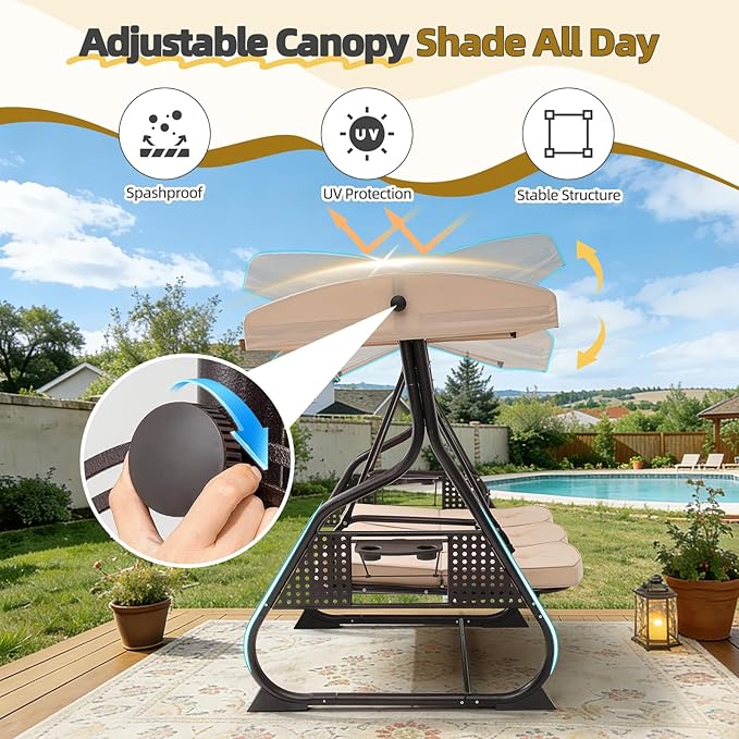 3 Seat Outdoor Porch Patio Swing with Adjustable Canopy& Backrest, Outdoor Swing for Adults - Photo 4