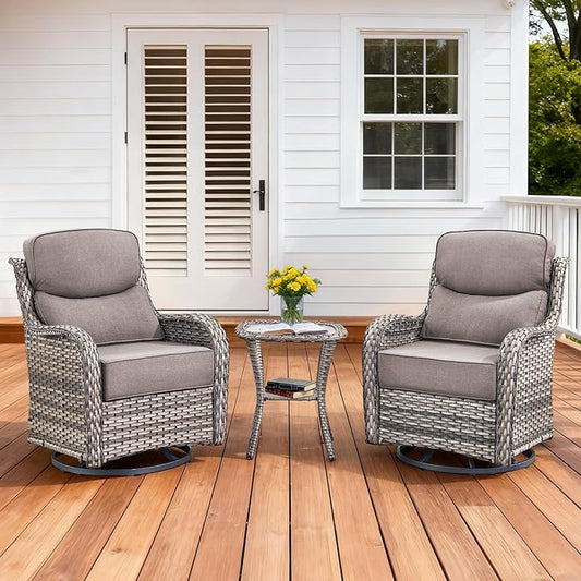 Luxury Outdoor Swivel Rocker Patio Chairs Set of 3, High Back Swivel Patio Chairs with Side Table & 6-Inch Thick Cushions, Wicker Outdoor Bistro Set for Porch, Yard, Deck, Poolside, Grey