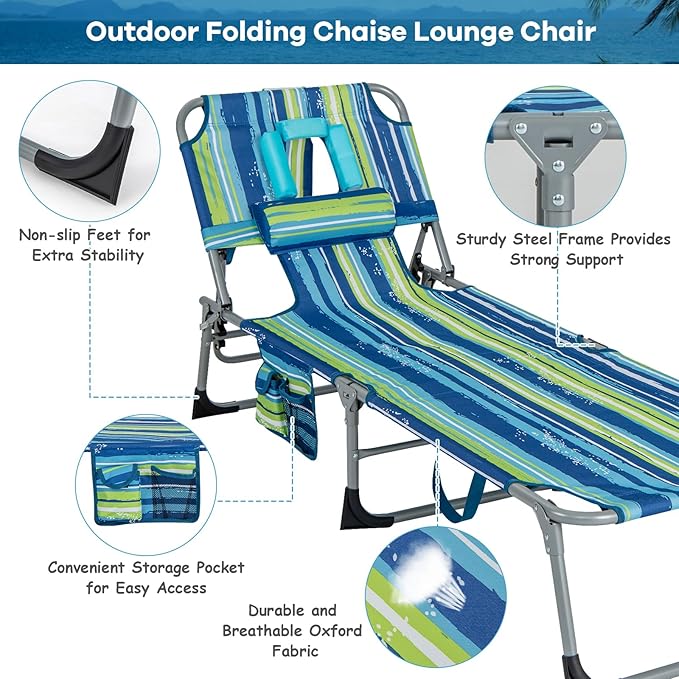 GYMAX Tanning Chair, Folding Beach Lounger with Face Arm Hole, Adjustable Backrest, Side Pocket & Carry Handle, Outside Sunbathing Lounge Chair for Patio, Poolside, Lawn (2, Blue Stripe)
