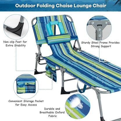 GYMAX Tanning Chair, Folding Beach Lounger with Face Arm Hole, Adjustable Backrest, Side Pocket & Carry Handle, Outside Sunbathing Lounge Chair for Patio, Poolside, Lawn (2, Blue Stripe)