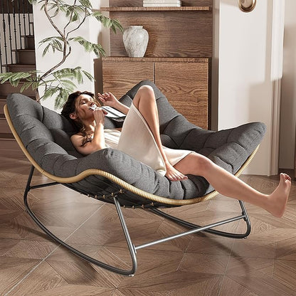 Outdoor Rocking Chair, 2 PCS Indoor Papasan Chairs, Oversized Egg Rocking Chair with Thick Cushion, Rattan Wicker Rocker Lounge Chair for Bedroom, Living Room, Patio, Garden, Porch (Dark Grey)