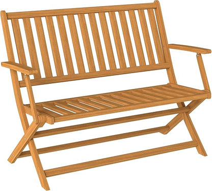 Outsunny Wood Outdoor Bench, 2-Person Foldable Patio Acacia Wood Garden Bench with Backrest and Armrests for Garden, Porch, Park, Balcony, Teak