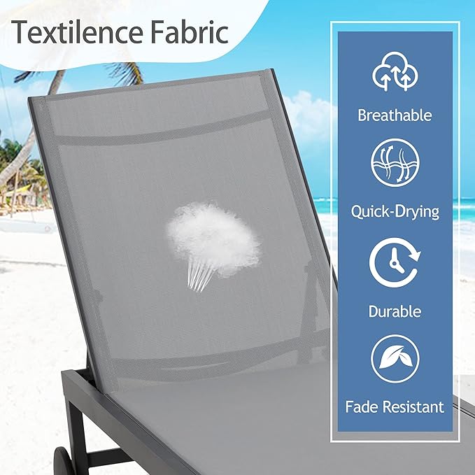 QAQA 2 PCS Outdoor Chaise Lounge Chairs with Wheels, Aluminum Patio Lounge Chair with 5 Adjustable Position Recliner, Beach, Courtyard, Swimming Pool, Light Grey