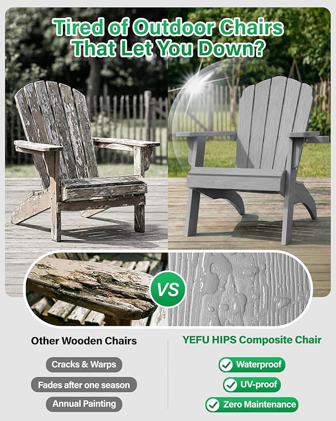 YEFU Oversized Plastic Adirondack Chair with Cup-Holder (Large Dual-Purpose), Weather Resistant, Poly Lumber Outdoor Chairs Duty Rating Widely Used in Patio, Lawn, Outside, Deck, Garden Chairs-Grey