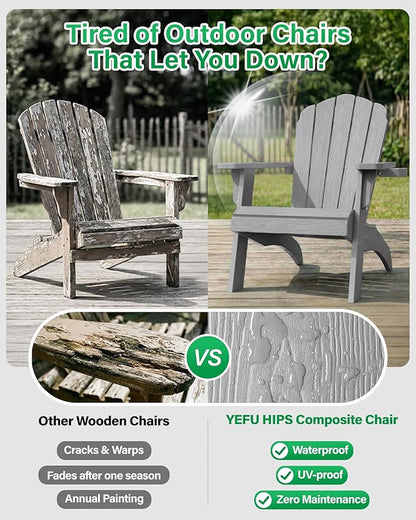 YEFU Oversized Plastic Adirondack Chair with Cup-Holder (Large Dual-Purpose), Weather Resistant, Poly Lumber Outdoor Chairs Duty Rating Widely Used in Patio, Lawn, Outside, Deck, Garden Chairs-Grey