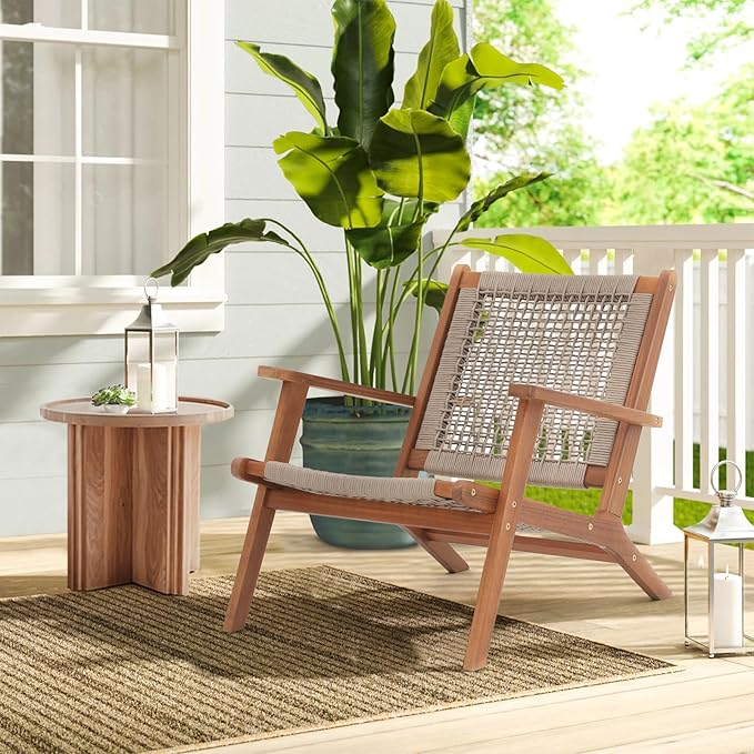 Verano Garden Set of 2 Patio Lounge Chair, Modern Acacia Wood Accent Armchair with Handwoven Rope for Patio, Living Room - Photo 2