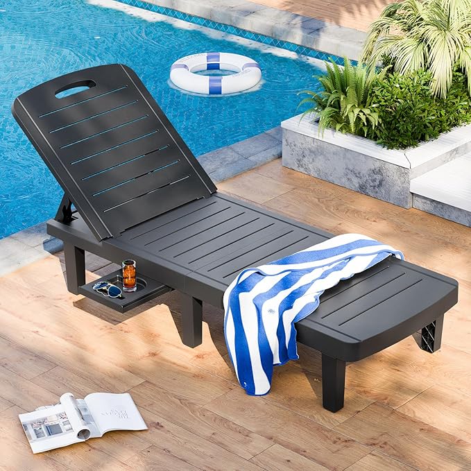 Outdoor Chaise Lounge, 5-Position Adjustable Sun Lounge w/Pull-Out Tray, Waterproof PP Lounge Chairs for Outside, Lounge Chairs for Poolside, Patio, Beach, Yard in All Weather,1 PC,Black