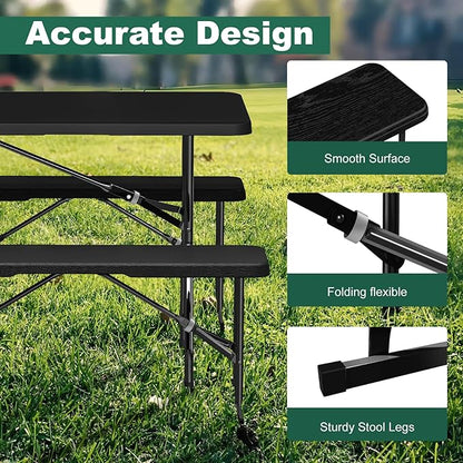 6ft Folding Bench 2 Pack, Plastic Folding Bench for Picnic Camping Dining Party Garden, 6 feet Foldable Benches for Soccer Multipurpose Entertaining Activities, Smooth HDPE Tabletop, Black