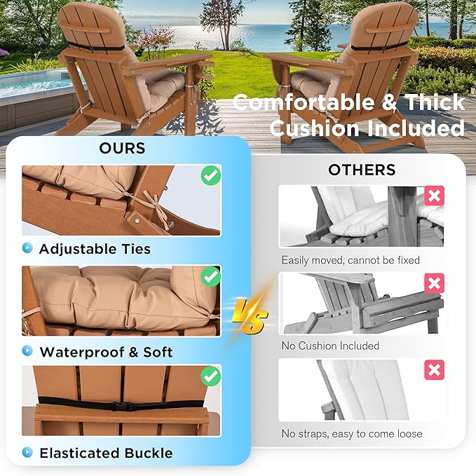 nalone Folding Adirondack Chairs Set of 2 with Cushion with Cup Holder, HDPE Plastic Oversized Patio Chair Weather Resistant, Used in Outdoor, Fire Pit, Deck, Garden, Campfire Chairs (Teak)