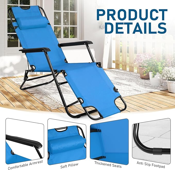 Outvita Folding Chaise Lounge Chair, Outdoor Adjustable Recliner Chair with Pillow for Camping, Beach, Poolside, Garden, Backyard, Lawn