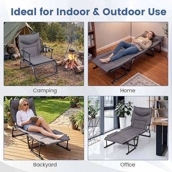 Tangkula 3 in 1 Lounge Chair Outdoor with Cushion, Patio Folding Chaise Lounge Chair with 6-Position Adjustable Backrest & Headrest, Heavy Duty Metal Frame for Pool Lawn Deck Camping