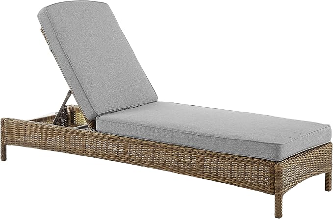 Crosley Furniture Bradenton Reclining Wicker Outdoor Chaise Lounge Chair for Patio, Deck, Backyard, Poolside, Weathered Brown with Gray Cushions