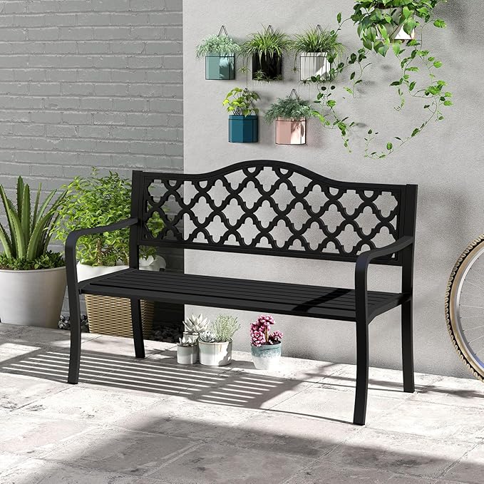 Giantex Metal Outdoor Bench with Backrest, Curved Armrests, Slatted Seat for 2-3 Persons, Load 660 lbs, 47''x16'' Heavy-Duty Seating, Patio Garden Bench for Backyard, Poolside, Porch, Park, Black