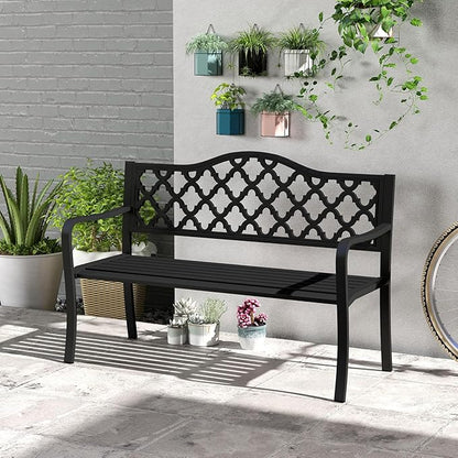 Giantex Metal Outdoor Bench with Backrest, Curved Armrests, Slatted Seat for 2-3 Persons, Load 660 lbs, 47''x16'' Heavy-Duty Seating, Patio Garden Bench for Backyard, Poolside, Porch, Park, Black