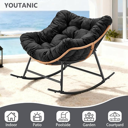 Outdoor Rocking Chair, Oversized Papasan Reading Chair Indoor with Thick Cushion, Comfy Rattan Rocker Egg Chair for Patio, Garden, Balcony, Lawn, Backyard, Bedroom, up to 450lbs, Black