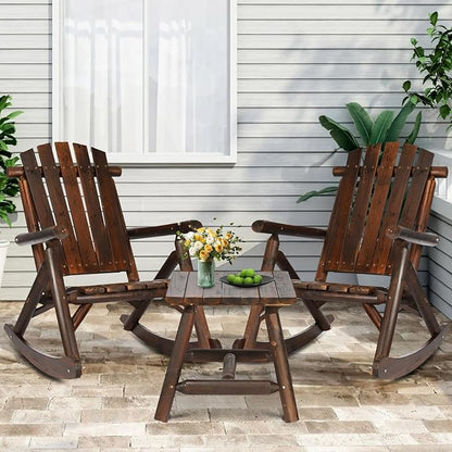 3-Piece Outdoor Wood Rocking Bistro Set, Rustic Adirondack Rocker Chair Set with High Back & Slatted Seat and Side Table, Patio Wooden Conversation Set for Indoor Deck Garden Porch, Carbonized
