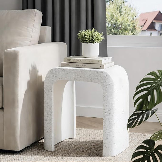 HOMPUS Outdoor Side Table w U-Shaped, Concrete Side Table Lightweight, Round Patio MgO Coffee End Table, Modern Accent Vintage Garden Stand for Indoor Outdoor Use, Spotted White