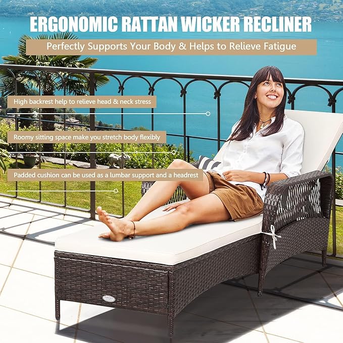 HAPPYGRILL PE Rattan Lounge Chair Set of 2, Outdoor Recliner Patio Chaise Lounger with Extra Waist Pillow, Reclining Chair with 6 Adjustable Gears for Outdoor Beach Pool Backyard