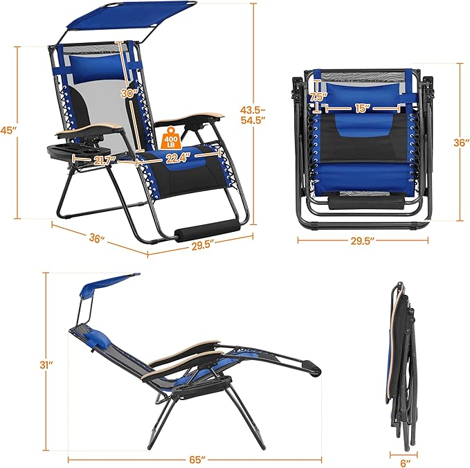 Yaheetech 29in Zero Gravity Chair, Adjustable Patio Padded Anti Gravity Recliner Foldable Outdoor Lounger with Cup Holder Tray, Canopy Shade and Headrest for Beach Camping Navy Blue/Black/1