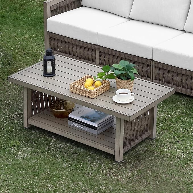 Outdoor Coffee Table, Never Rusts Aluminum Rope Weave Patio Coffee Table - Photo 2