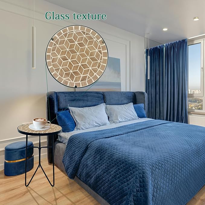 Mosaic Khaki Round Sode Tea Table,Valentine's Day Unique Furniture, Small End Outdoor Side Accent Bedside Dining Room Table, Indoor Balcony Outdoor Furniture, Balcony Valentine's Day Decor