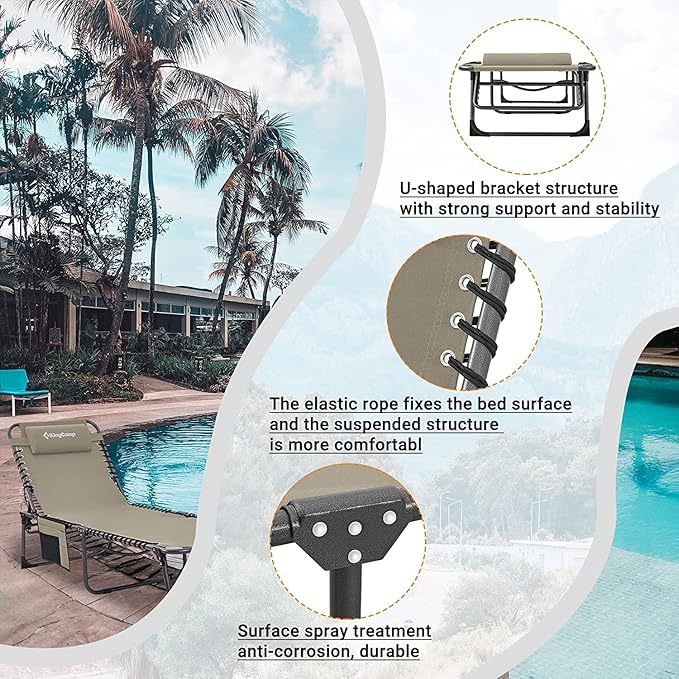 KingCamp Lounge Chair Outdoor, Folding Portable Tanning Chairs Comfy Adjustable 5-Position Lay Flat Foldable Chaise Chaser Lounger with Pillow for Outside Beach Patio Sun bathing Backyard Pool, Beige