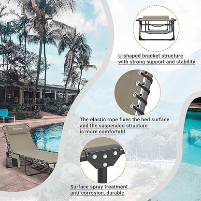 KingCamp Lounge Chair Outdoor, Folding Portable Tanning Chairs Comfy Adjustable 5-Position Lay Flat Foldable Chaise Chaser Lounger with Pillow for Outside Beach Patio Sun bathing Backyard Pool, Beige