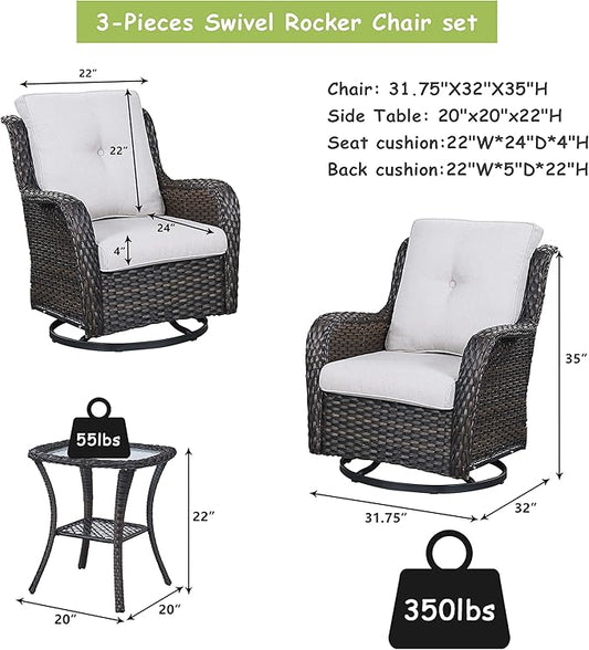 Rilyson Wicker Rocking Chair Swivel Chairs – 6 Piece Rocker Patio Furniture Set Rattan Rocking Bistro Sets with Glass Top Side Table for Outdoor Porch Deck Garden Backyard(Brown/Beige)
