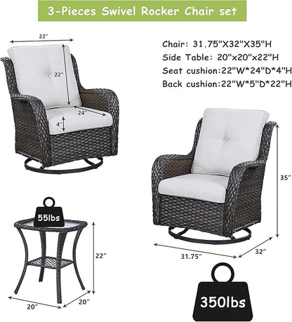 Rilyson Wicker Rocking Chair Swivel Chairs - 3 Piece Rocker Patio Furniture Set Rattan Rocking Bistro Sets with Glass Top Side Table for Outdoor Porch Deck Garden Backyard (Brown/Beige)