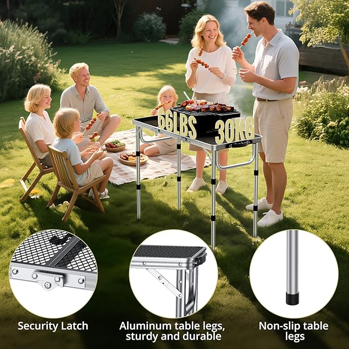 Anbte 3ft Folding Grill Table with Storage Bag, 3 Adjustable Height 27.5" Aluminum Portable Grill Table, Heat Resistant - Photo 5