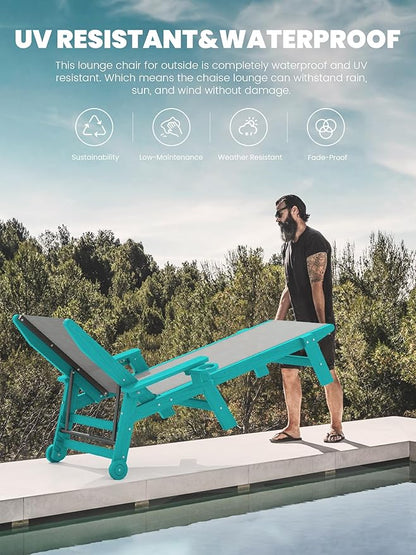 SERWALL Patio Chaise Lounge Chair, 5 Positions Outdoor Lounger for Pool, Textilene Lounge Chair with Rolling Wheels for Poolside, Deck, Aqua Blue
